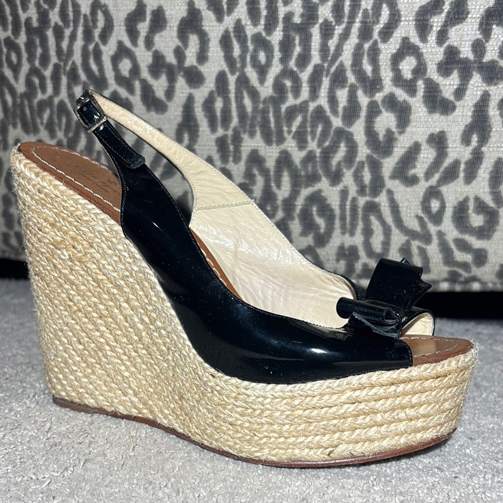kate‎ spade black patent leather bow platform wedge espadrille open toe heel 9